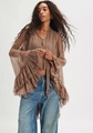 Bohemian dark brown ruffle chiffon top with flared sleeves and blue jeans - Brown