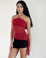 Detail of red mesh halter top featuring ruffled edges and vintage flocking texture - S / Tops / Red