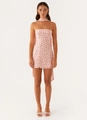 Detailed view of pink cherry print chiffon tube mini dress with matching neck choker - S / Cherry Floral Style / Pink