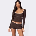 Women's two-piece brown polka dot pajama set with lace trim and mini bows - S / Top And Bottom / Dark Brown