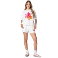 Ensemble d'été deux pièces pour femmes avec t-shirt blanc et imprimé floral à nœud rose - Blanc