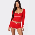 Women's red polka dot loungewear set with lace trim and bow top and shorts - S / Top And Bottom / Red