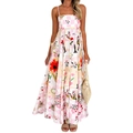 Maxi floral A-line dress with pink checkerboard pattern and bohemian flower print - Pink
