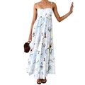 Light blue floral print maxi dress with plaid patterns and spaghetti straps - Sky Blue