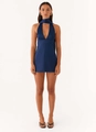 Detail of navy blue satin mini dress with plunging V-neck and halter neck scarf - S / Dark Blue