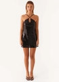 Close-up of black sequin fabric texture and halter neck detail on party dress - S / Black