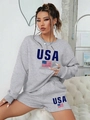 Women's grey two-piece lounge set with USA letter print sweatshirt and shorts - XS / Gray