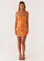 Detail of orange halter dress featuring intricate 3D floral beadwork and shimmering sequins - S / Dresses / Orange