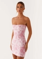 Close-up of pink strapless mini dress featuring 3D floral embroidery and sequins details - S / Pink