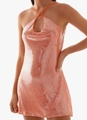 Detail of peach sequin halter mini dress featuring a metallic ring and draped neckline - S / Orange