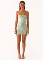 Detail of light green tube mini dress featuring floral sequin embroidery and mesh fabric - Green