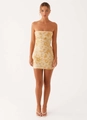 Detailed view of the gold floral embroidery and sequins on the strapless mini dress - Yellow