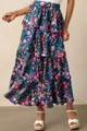 Detail of multi-layered navy floral maxi skirt with tiered ruffles and pleated design - S / Navy Blue