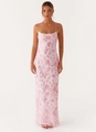 Detailansicht der hellrosa Blumenstickerei und Pailletten auf dem rückenfreien Kleid - S / Rosa