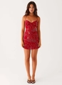 Close-up of red sequin beading and floral embroidery on a mini camisole dress - S / Dresses / Red