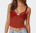 Top corto rosso con stampa a cuori, bordo in pizzo bianco e spalline sottili chic - Taglia S / Top / Rosso