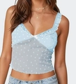 Canotta da donna in pizzo celeste con pois a cuore e spalline con volant eleganti - Taglia S / Top / Blu