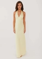 Elegant pale yellow halter neck maxi dress with deep V-neck in satin finish fabric - Yellow