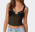 Haut court noir pour femme avec imprimé cœur et bordure en dentelle blanche à nœud - Noir