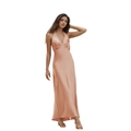 Elegant champagne pink satin maxi dress with a deep V-neck and halter neckline design - Pink