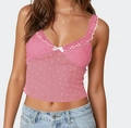 Caraco rose en dentelle à motifs de cœurs, col en V et nœud blanc délicat pour femme - Rose rouge
