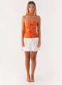 Close-up of orange tube top featuring delicate floral embroidery and matching scarf detail - S / Top And Bottom / Orange