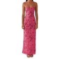 Elegantes rosafarbenes Pailletten-Halterkleid mit Blumenstickerei und Seitenschlitz - S / Rosenrot