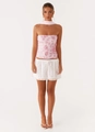 Pink sequin floral tube top paired with white eyelet lace skirt and silk scarf detail - S / Top And Bottom / Pink