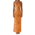 Slim-fit orange halter neck maxi dress with floral embroidery and sequins in mesh fabric - Orange