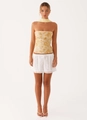Detail of sequin floral embroidery on cream tube top and white eyelet skirt with scarf - S / Top And Bottom / Yellow