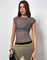Detalle de top de malla gris Y2K con encaje floral transparente y diseño de ajuste delgado - S / Tops / Gris