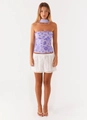 Detail of purple sequin flower embroidery on backless mesh tube top with white lace skirt - S / Top And Bottom / Purple