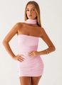 Pink ruched mesh bodycon mini dress with matching neck scarf set for a sexy look - S / Pink