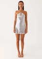 Sparkling silver sequin halter mini dress with cowl neck and metallic ring detail - S / Silver