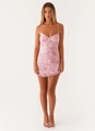 Pink mini dress with delicate floral embroidery and white bead embellishments - S / Dresses / Pink