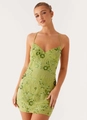 Lime green sleeveless mini dress with floral sequin embroidery and thin straps - Green