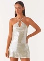 Pale green sequined halter neck dress with metallic ring detail and open back style - Light Green