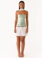 Detail of light green floral sequin embroidery on top with matching scarf and white skirt - S / Top And Bottom / Green