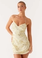 Pale yellow sequined mini dress with intricate beadwork and floral embroidery - Apricot