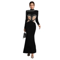 Elegante abito da sera nero a maniche lunghe con decorazioni di perle e ritagli in rete - S / C7256-Nero