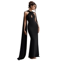 Detail of elegant black bodycon gown featuring halter neck and dramatic floor-length cape sleeves - S / Black