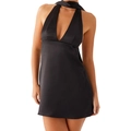 Sexy black halter neck satin mini dress with deep V-neck and backless design for women - S / Black