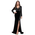 Detalle del vestido de terciopelo negro con lentejuelas, cuello en V y abertura lateral - S / Negro