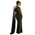 Detail of dark green evening gown featuring a keyhole neckline and elegant shoulder capes - Army Green