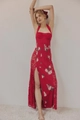 Red halter maxi dress with floral print, lace trim and sexy high side slit detail - S / Red