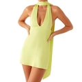 Sexy lime green halter mini dress with deep V-neck and open back design in satin finish - S / Fluorescent Green