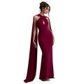 Detail of elegant burgundy halter neck evening gown with waist cutout and long cape - Burgundy