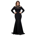 Detail of elegant black evening dress with beaded high neck and mermaid silhouette tail - S / Black