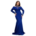 Detail of beaded halter neck and mesh V-neckline on this navy elegant slim-fit evening gown - S / Royal Blue