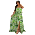 Dettaglio della trama floreale e nappa in vita sul maxi abito con spacco laterale moda - S / Verde